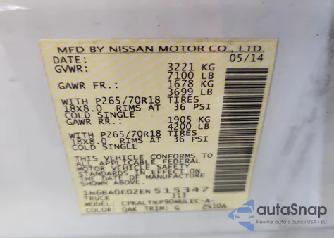 2014 Nissan Titan S из США, поврежденный, VIN 1N6BA0ED2EN515347